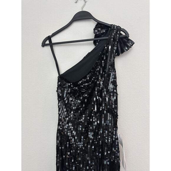 NWT Mac Duggal Black Sequined One-Shoulder Evening Gown Dress Size 0 - Picture 2 of 10